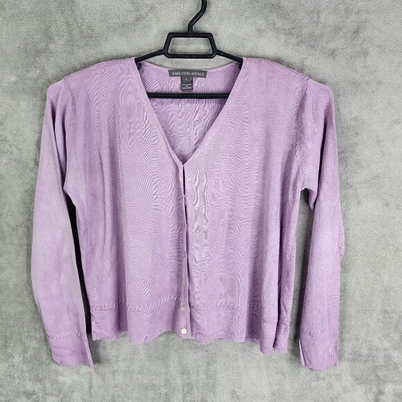 Womens Purple Saks Fifth Avenue 100% Tussah Silk Cardigan Sweater Button Down L - Picture 2 of 8